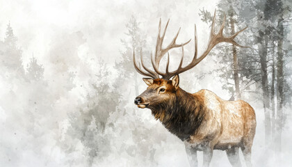 A majestic stag stands amidst a misty forest, showcasing nature's beauty and tranquility.