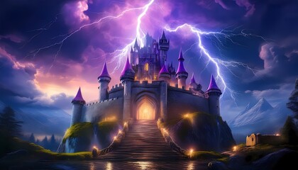 Fototapeta premium A castle with lightning striking in the background