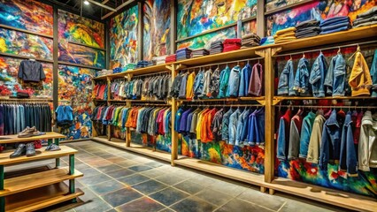 Intense, urban, colorful graffiti-covered walls juxtaposed with clean, minimalist shelves displaying Levi's bold, street-inspired designs.