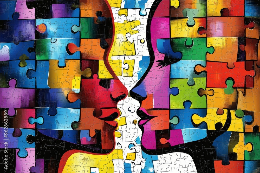Poster cognitive network neuroanatomy vibrant multicolored puzzle pieces forming faces in an abstract style