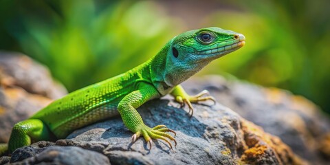 Fototapeta premium Green lizard blending in on a textured rock, lizard, reptile, wildlife, camouflaged, outdoor, nature, animal, scales, green