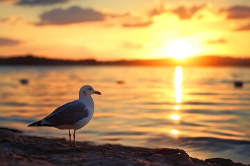 Seagull standing on rock at sunset on the coast