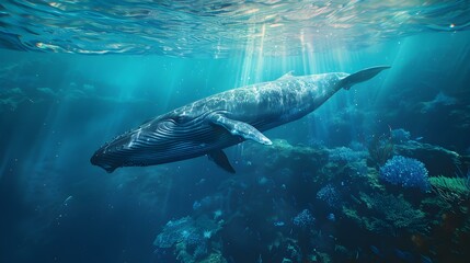 Humpback Whale Swimming Through a Vibrant Coral Reef