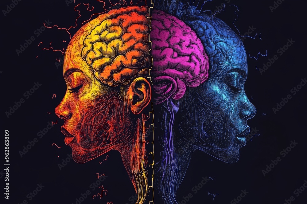 Aufkleber mind skull neuroanatomy neon colored intricate neural patterns forming heads representing futuristic