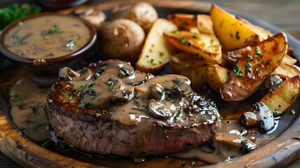 Juicy Steak with Mushroom Sauce and Potato Wedges