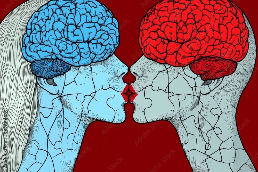Poster brain gear neuroanatomy two heads with glowing brains facing each other against a red background sym