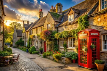 quaint english village main street charming tea room exterior traditional red phone booth stone buildings warm afternoon sunlight cozy inviting atmosphere