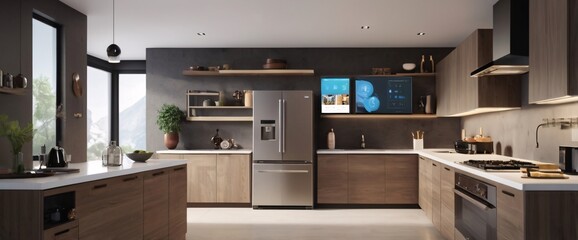  concept of the Internet of Things with an image of a smart home, featuring various connected devices and appliances, shot from a low angle with a wide-angle lens