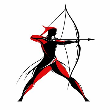recommend clip art: A black and red silhouette of an archer drawing back their bow and arrow, ready to shoot.