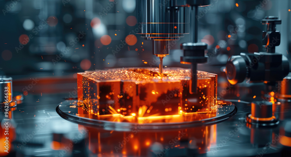 Poster digital 3d casting machine making metal in action, modern, futuristic, abstract, dark environment. g