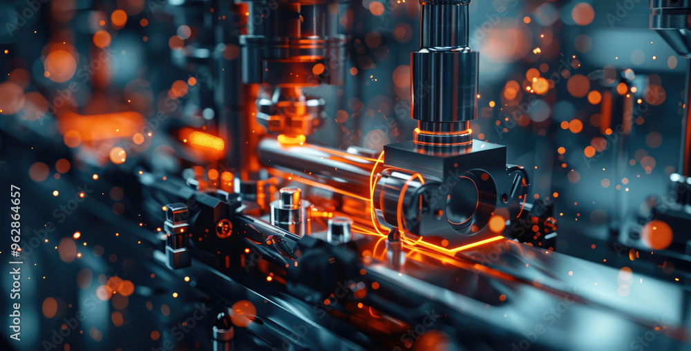 Poster digital 3d casting machine making metal in action, modern, futuristic, abstract, dark environment. g