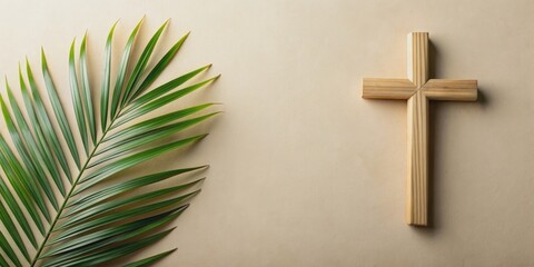Cross and palm leaf on light beige background, Palm Sunday, Easter, religious, Christian, symbol, crucifix, faith