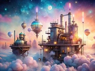 Ethereal dreamlike industrial atmosphere with floating machinery, soft pastel colors, and whimsical mist implying fantasy and wonder