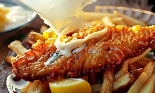 Crispy fish and chips with tartar sauce and malt vinegar, Video