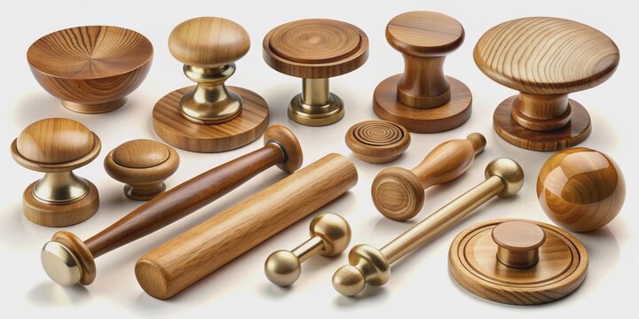 A detailed description of a rendering of wooden knobs and handles , wood, knobs, handles,rendering, design, furniture
