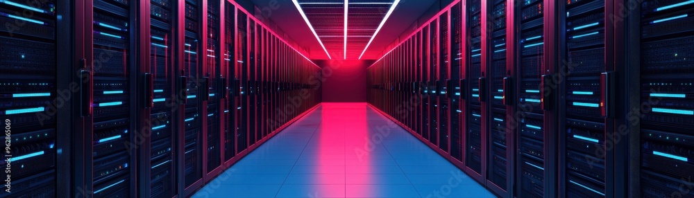 Poster futuristic data center with illuminated server racks showcasing advanced technology in a vibrant lig
