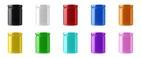 Collection of colorful jars with vibrant lids displayed on a white background, ideal for product design or packaging concepts. Generative AI