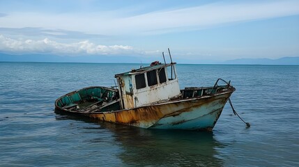 Obraz premium Abandoned Rusty Boat in Calm Sea with Mountain View.