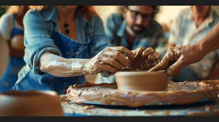 Art instructor demonstrates pottery techniques to a group of adults, who are sculpting clay on pottery wheels 