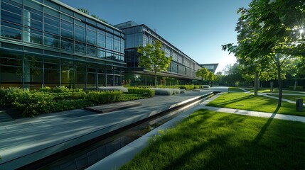 Fototapeta premium Modern Office Building with Landscaped Gardens