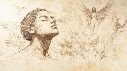 Biblical Illustration: A Dreamer Envisioning Wealth While Divine Oversight Reminds of Spiritual Reverence in Ecclesiastes on a Beige Background