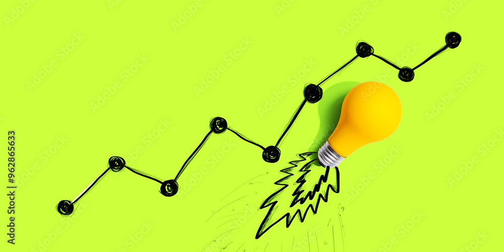 Poster lightbulb launching like a rocket with a rising chart - flat lay