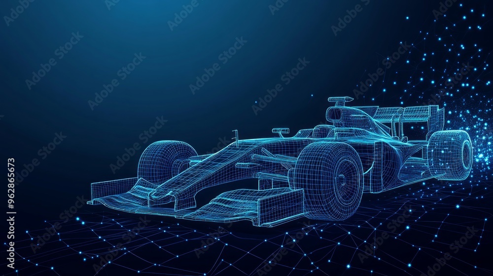Poster polygonal f1 car. speed concept. vector bolide mesh spheres from flying debris. thin line concept. b