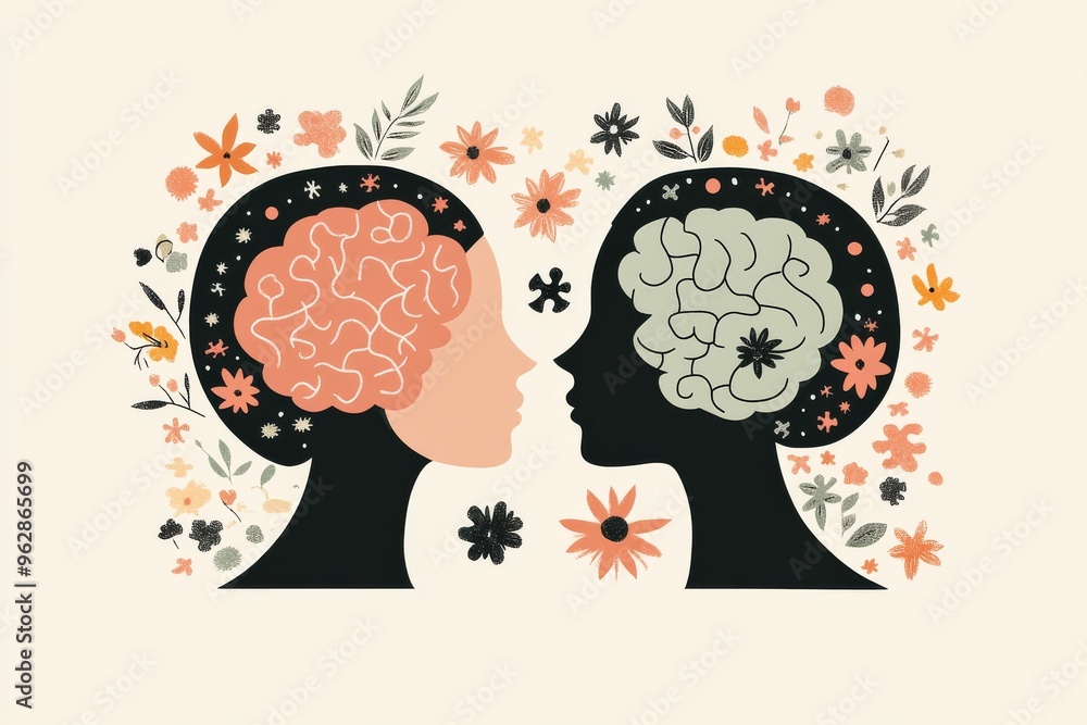 Poster neural augmentation brain mapping playful floral puzzle brain design with two heads symbolizing shar