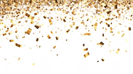 Golden confetti falling on white background creating festive atmosphere for birthday party, anniversary celebration or grand opening