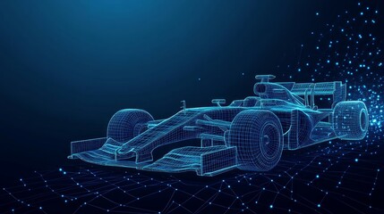 Polygonal F1 CAR. Speed concept. Vector bolide mesh spheres from flying debris. Thin line concept. Blue structure style illustration