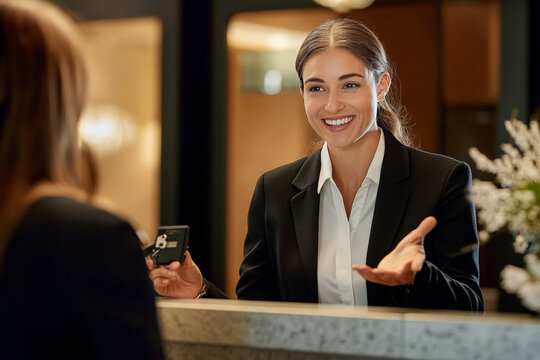 A smiling woman in a black blazer stands behind a hotel reception desk, talking to a guest.