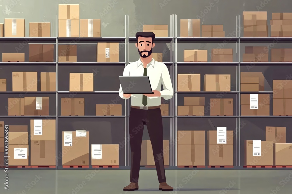 Poster warehouse manager using a laptop to check inventory in a room filled with cardboard boxes. the busin