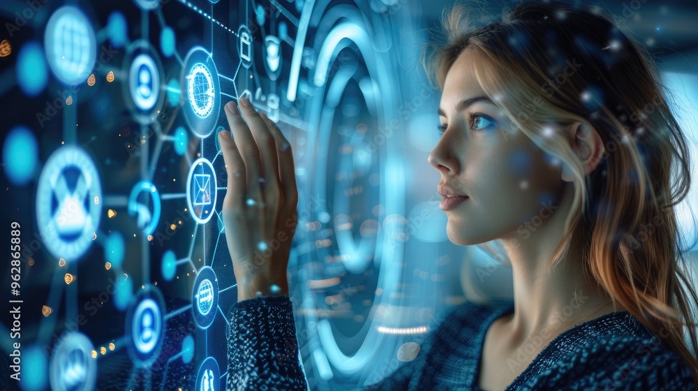 Poster Businesswoman standing in front of digital background with icons representing technology, social media and internet network connection on blue circular wave background. Generative AI.