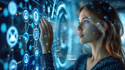 Businesswoman standing in front of digital background with icons representing technology, social media and internet network connection on blue circular wave background. Generative AI.