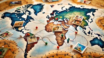 Fototapeta premium whimsical world traveler's white map background with colorful stickers, vintage postcards, and playful hand-drawn routes
