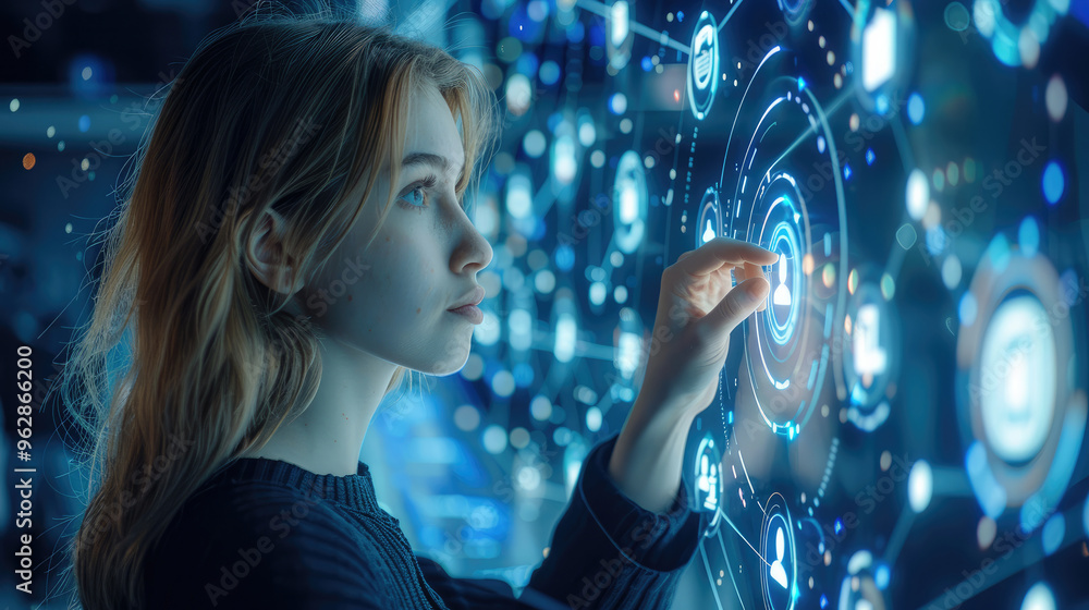 Poster Businesswoman standing in front of digital background with icons representing technology, social media and internet network connection on blue circular wave background. Generative AI.