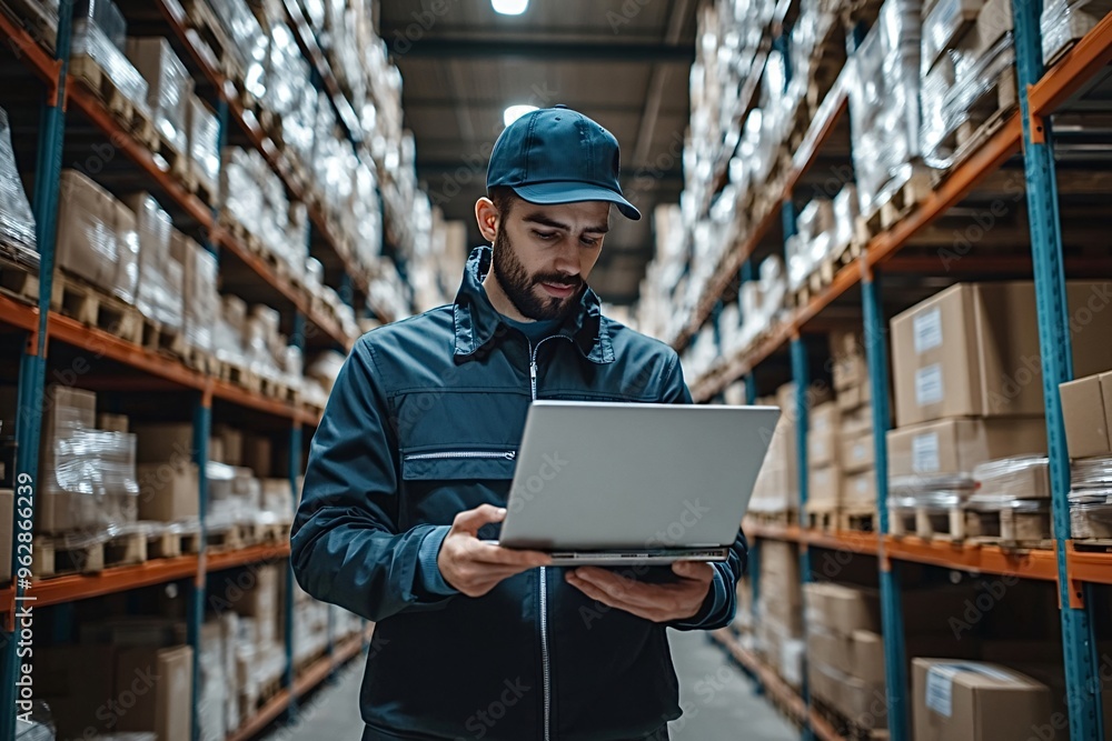Poster focused warehouse worker checking inventory using laptop, managing and controlling goods and package