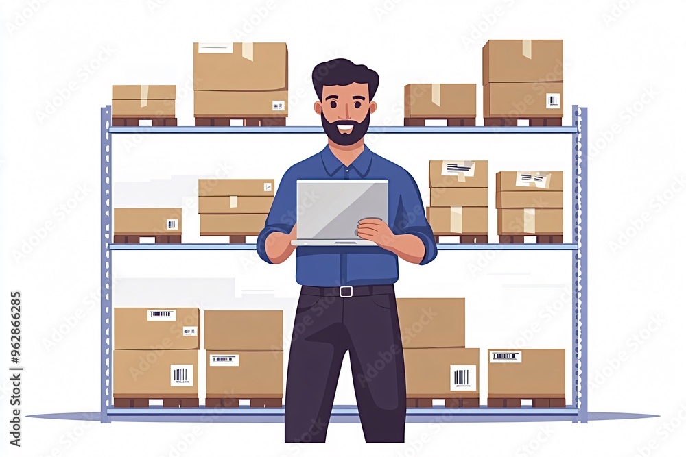 Poster smiling warehouse worker is holding an open laptop while standing in a warehouse in front of storage