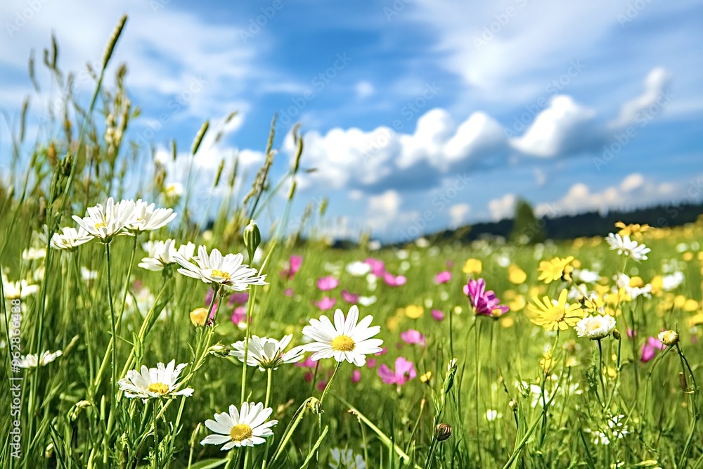Poster Wildflowers blooming in a sunny meadow under a blue sky with fluffy clouds, creating a colorful and peaceful scene in nature. Perfect for adding a pop of color to any project
