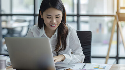 Business woman using calculator and laptop for doing math finance on an office desk, tax, report, accounting, statistics