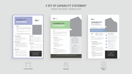 Capability Statement Business Document Template | Professional Flyer Design, 3 Style Layout, Blue & Green Accents, Customizable Capability Statement Template for Corporate & Business Use