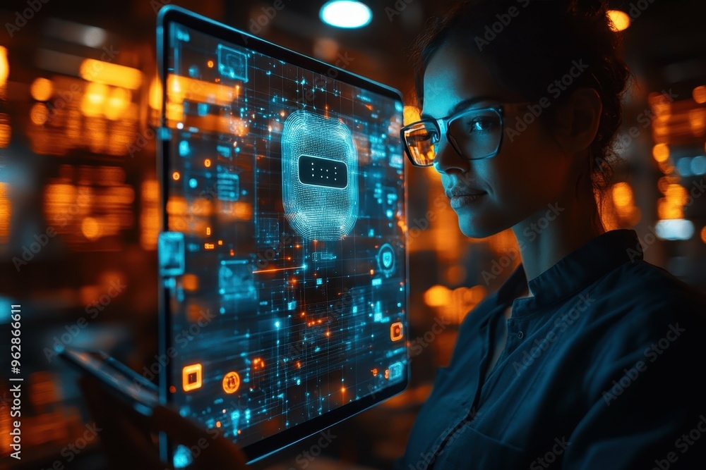 Poster a person with a transparent tablet displaying a 3d holographic ai assistant, symbolizing the integra