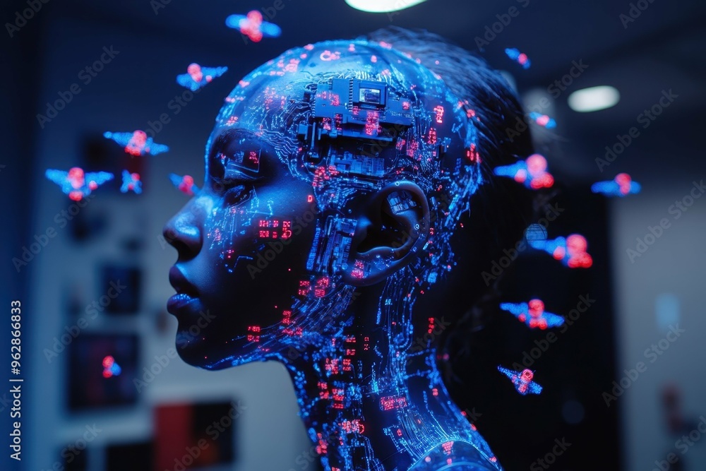 Poster a close-up of a human ear with a tiny ai implant, symbolizing the integration of ai technology for e