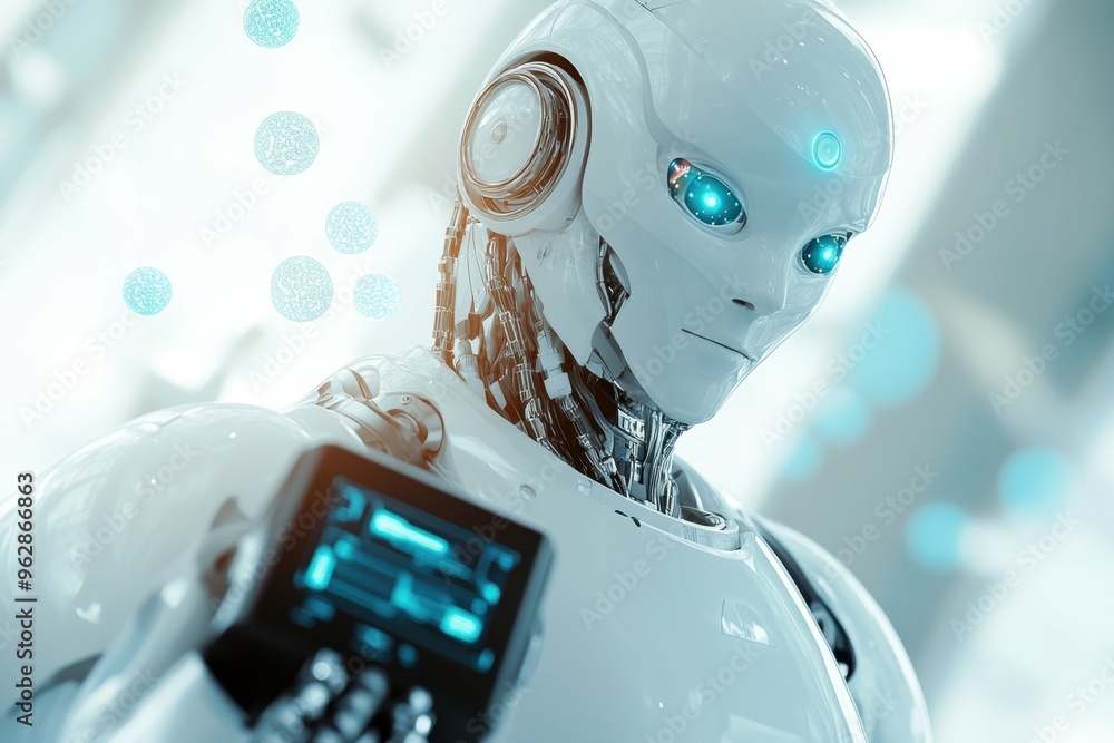 Poster a close-up of a humanoid robot's face with realistic skin texture, symbolizing the advancements in a