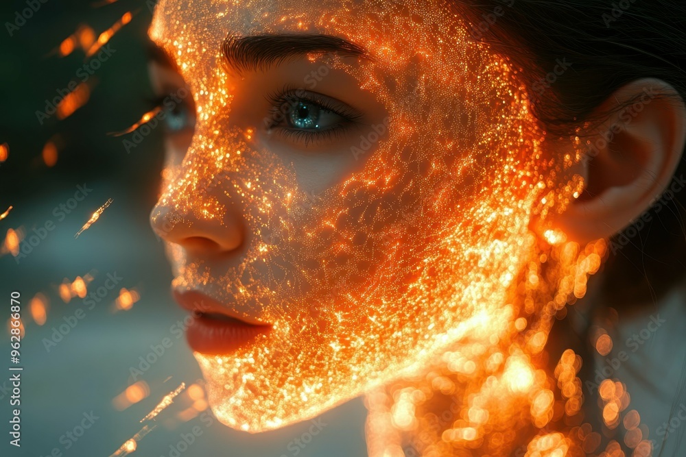 Poster a close-up of a humanoid robot's face with realistic skin texture, symbolizing the advancements in a