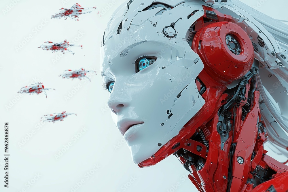 Aufkleber a close-up of a humanoid robot's face with realistic skin texture, symbolizing the advancements in a