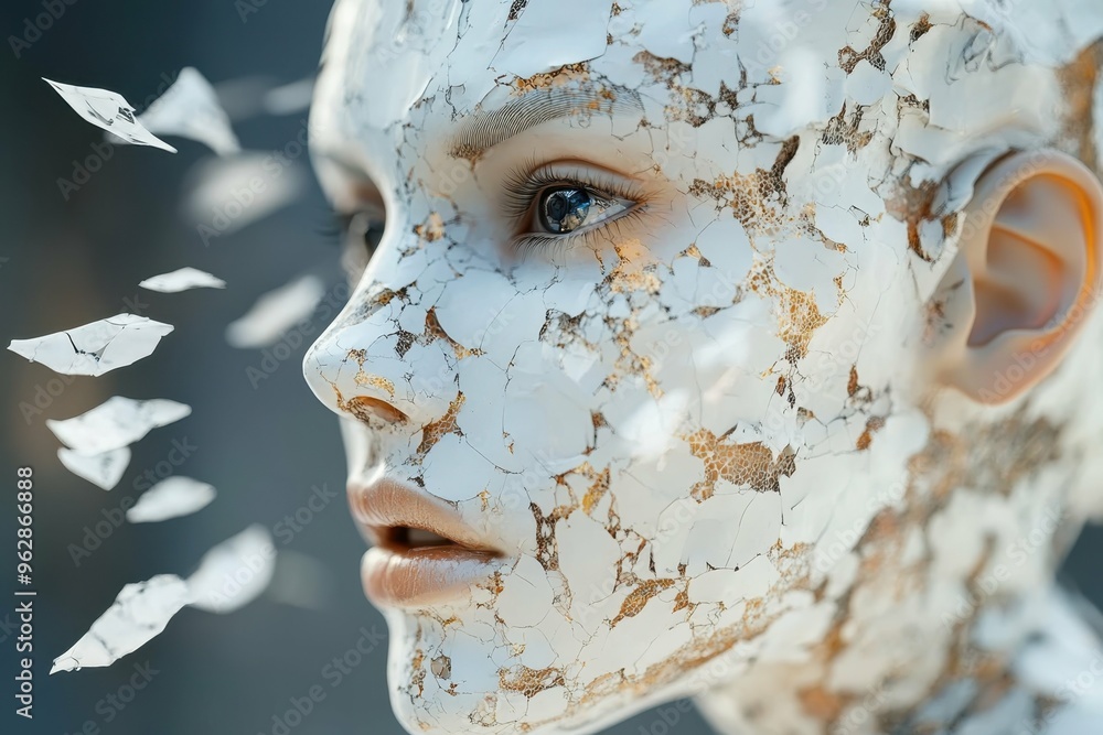 Aufkleber a close-up of a humanoid robot's face with realistic skin texture, symbolizing the advancements in a