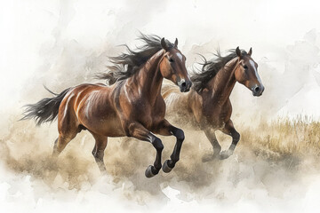 Fototapeta premium Two horses galloping through a grassy field, captured in a dynamic and artistic watercolor style.