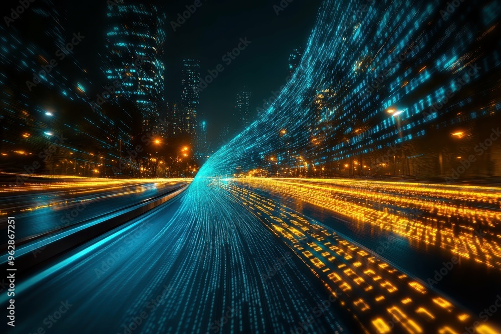 Aufkleber a digital wave of data and light flowing through a futuristic city, symbolizing the omnipresence and