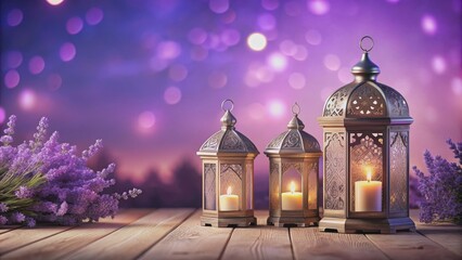 Fototapeta premium Calming lavender setting with Ramadan lanterns, perfect for personalized message , Ramadan, lanterns, calming, lavender